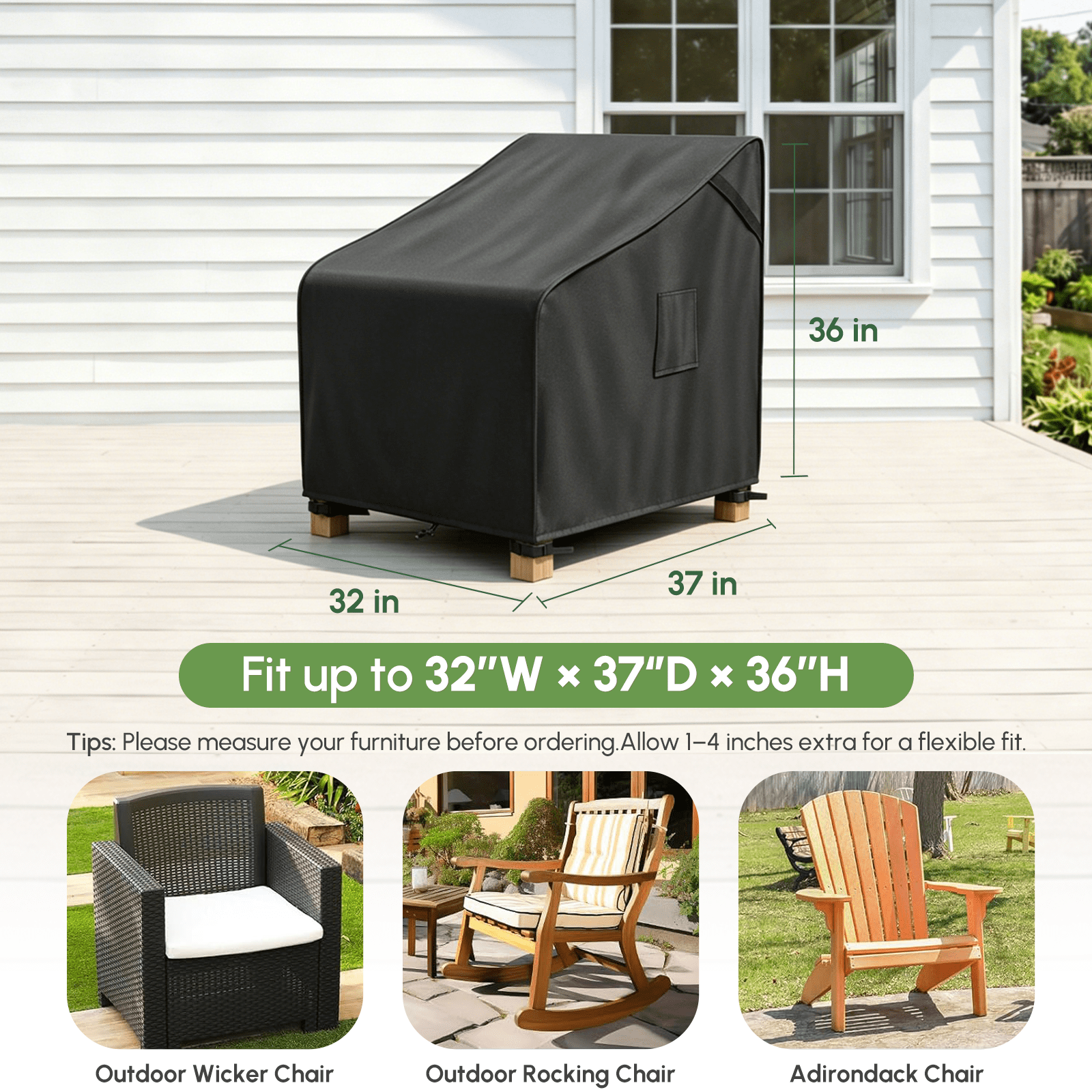 MR. COVER Patio Furniture Covers Waterproof, Outdoor Chair Covers for Rocking Chair, Heavy Duty Patio Adirondack Chair Cover Fits up to 32"W x 37"D x 36"H, Anti-UV, Fade Resistant, Black, 2 Pack