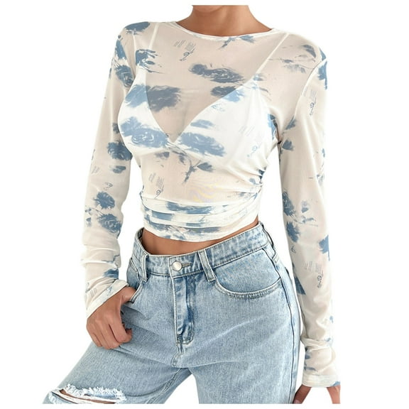 Plus Size Women's Sheer Mesh Blouse Long Sleeve Lace Floral Pattern Stand Up Collar Lightweight Transparent Top Elegant Feminine Tunic Shirt