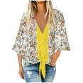 thumbnail image 1 of asdoklhq Blouses for Women Clearance $5, Women V-Neck Printing Tops 3/4 Sleeve Tie Knot Blouses Button Down Shirts, 1 of 6