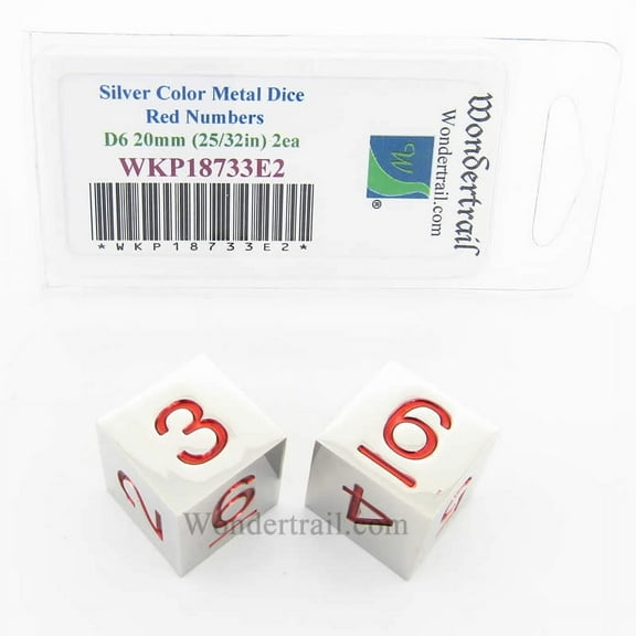 Metal Dice D6 Silver With Red Pips 20mm (25/32in) Pack of 2 Wondertrail