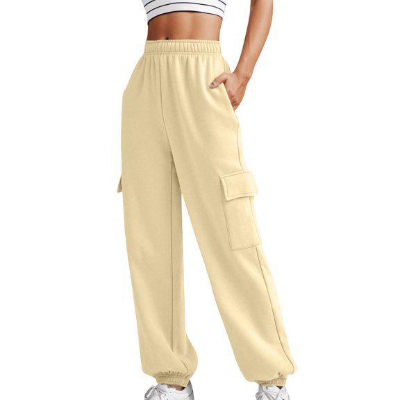 Dyfzdhu Sweatpants for Women Loose Cargo Pants Retro Multi Pocket Low Waist Drawstring Pig Nose Buckle Slim Straight Woven Casual Beige