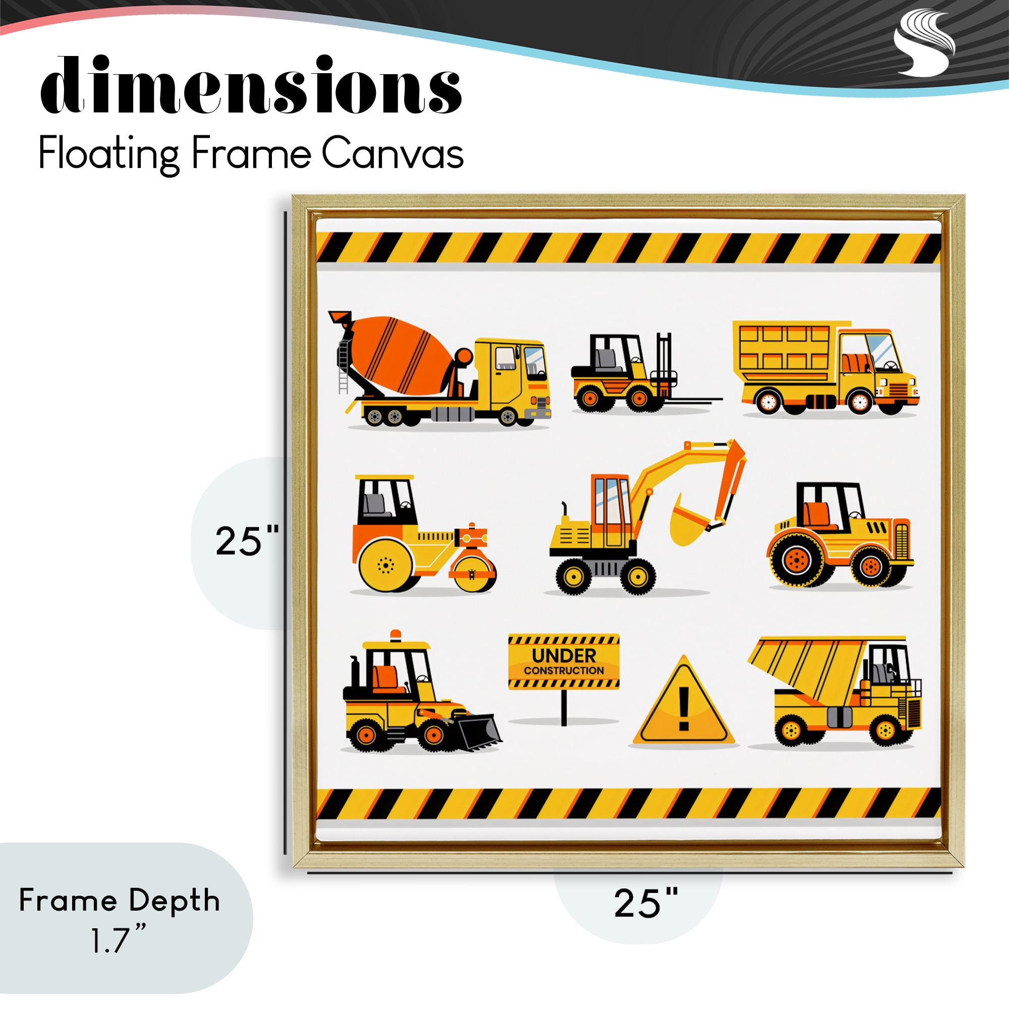 Stupell Industries Construction Vehicles with Warning Gold Framed Floater Canvas Wall Art, design by Creative Studio