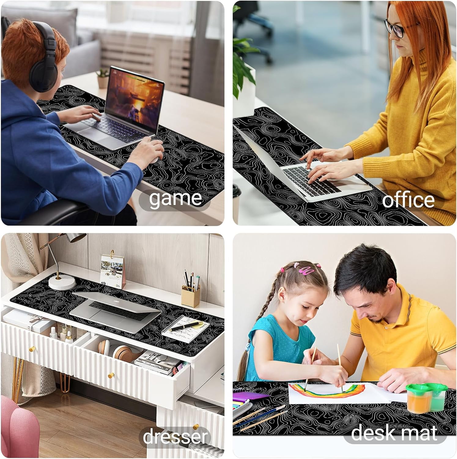 Topographic Contour Gaming Mouse Pad Large,XL Desk Pad Computer Mouse Pad for Keyboard with Stitched Edges, Anti-Slip Base,Waterproof Mousepad,Big Mouse Pad (Black,31.5" x 11.8")