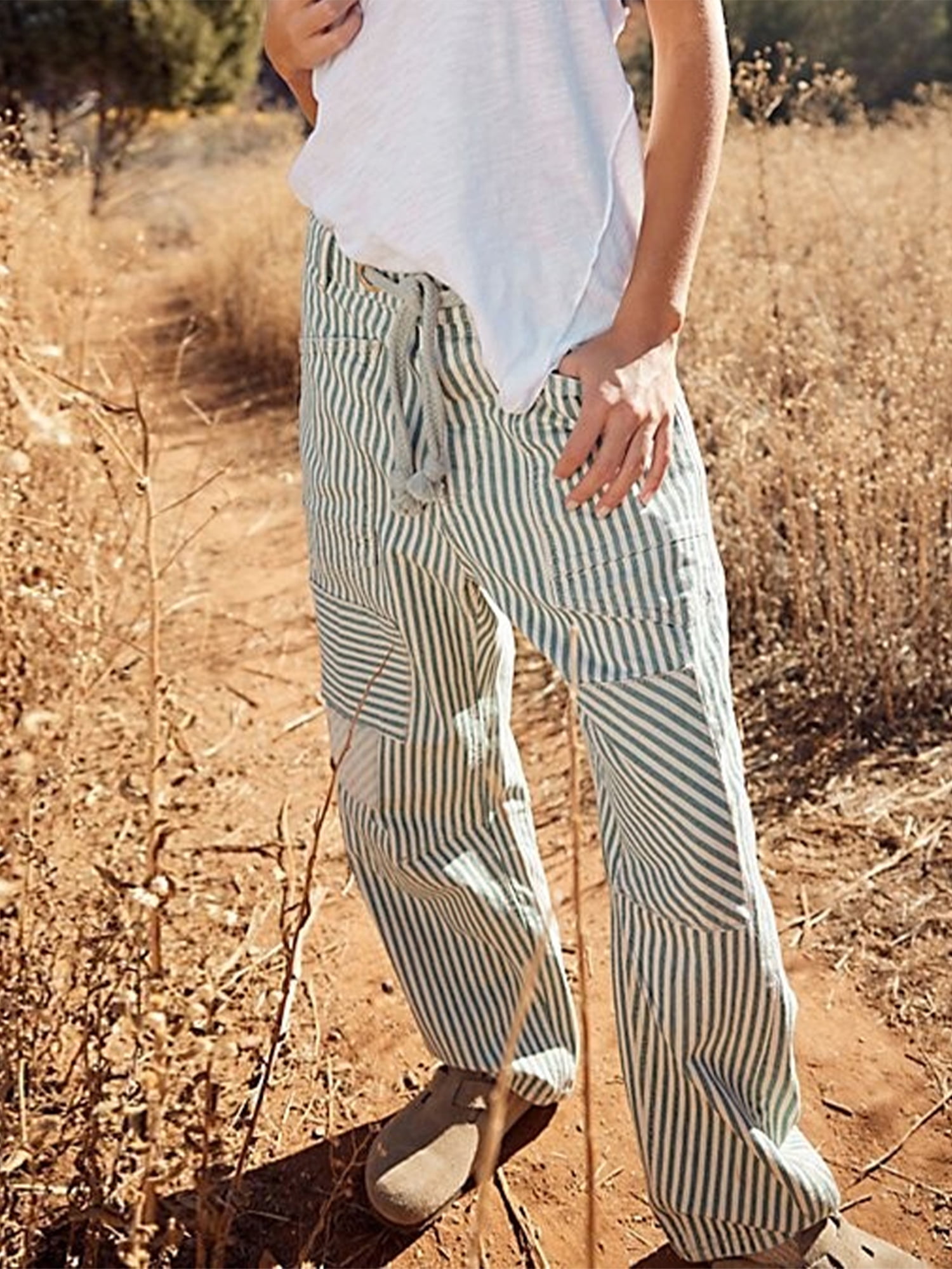 Women Striped Pants, Drawstring Patchwork Wide Leg Pants with Pockets - image 4