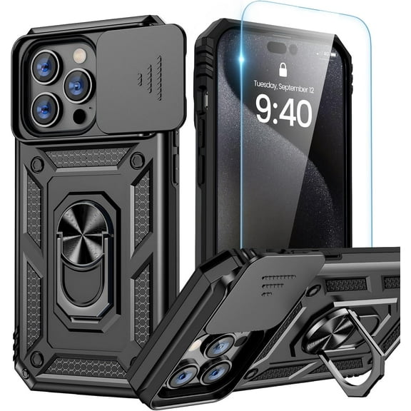 for iPhone 15 Pro Max Case with Screen Protector - Slide Camera Cover Protective Phone Case with Ring Stand, Heavy Duty Shockproof Rugged Bumper for iPhone 15 Promax Accessories Black