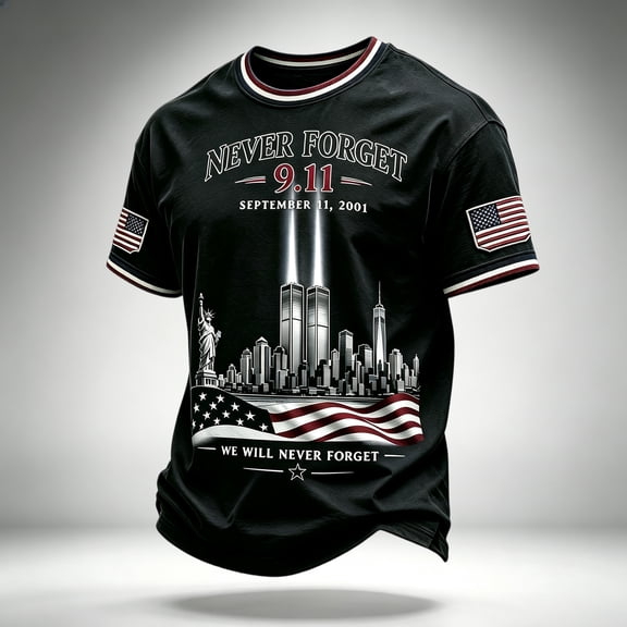 Never Forget 911 Patriotic Tee for Men with 25th Anniversary Print and Cotton Fabric Featuring 9/11 Memorial Shirts for Remembrance Ceremonies Church Services Black L