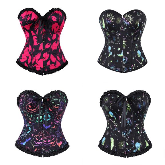 Telankuip Women's Strapless Lace up Corset Tops Classic Boned Tummy Control Shapewear Vintage Floral Print Lace Bustier 2026 Halloween Party Bodyshaper Top 4-Black XS