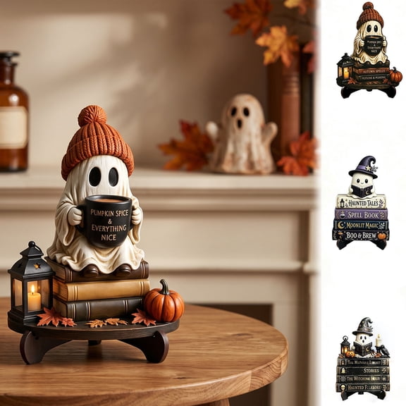 WDOBM Halloween Decorations, Reading Ghost Statue Wooden Base Halloween Bookshelf Decor, Halloween Home Decor, Halloween Ghost, Halloween Tabletop Decor for Holiday Gifts