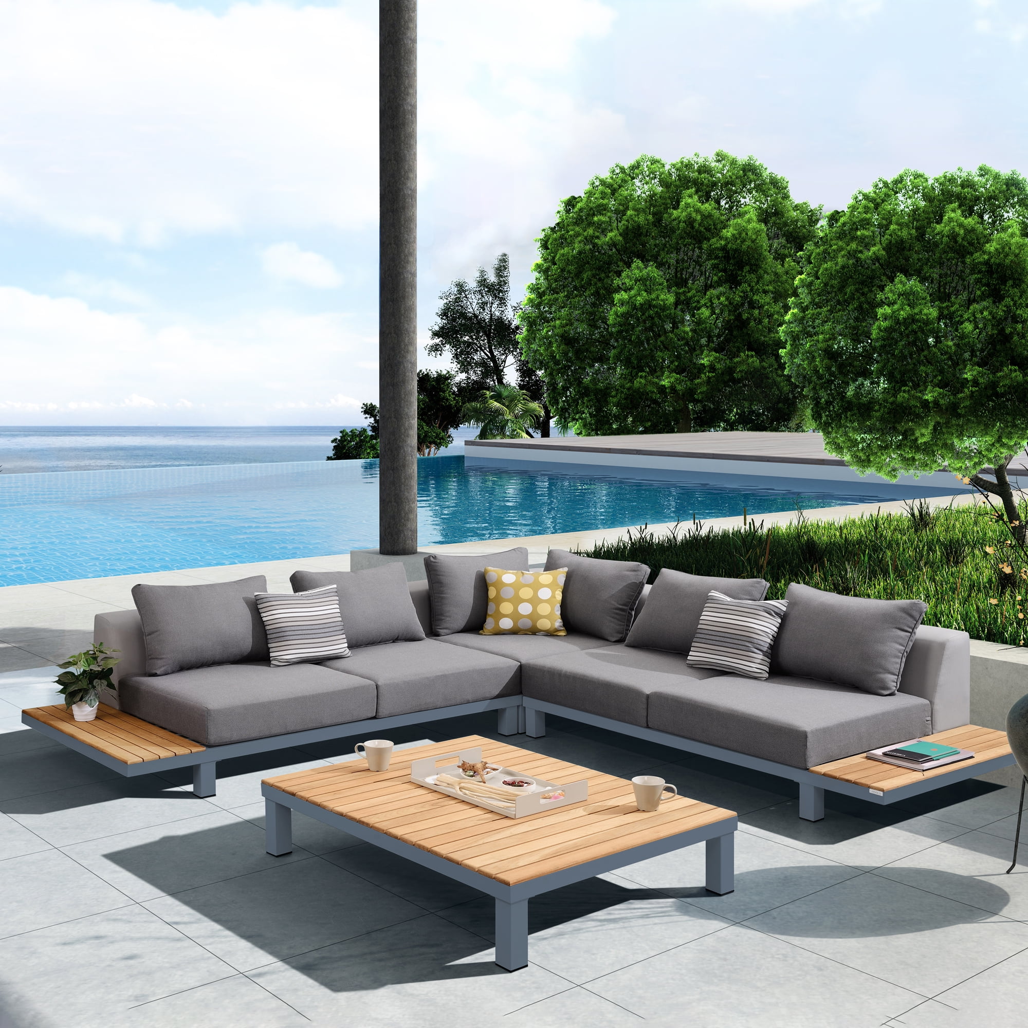 Armen Living Polo 4 piece Outdoor Sectional Set with Dark Gray Cushions