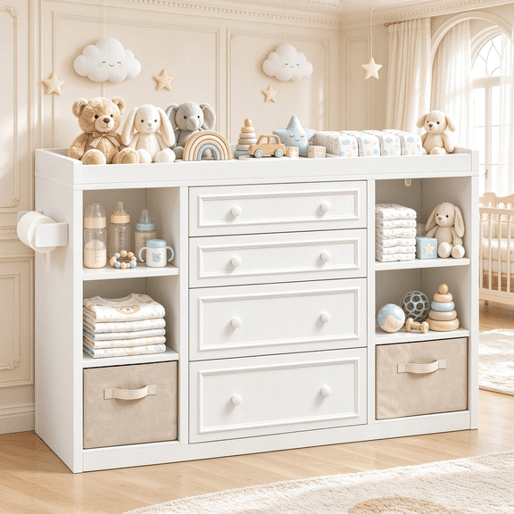 6 Drawer Baby Changing Table with Open Storage Shelves, Wood Infant Diaper Station Nursery Organizer with Storage-Infant & Toddler, White