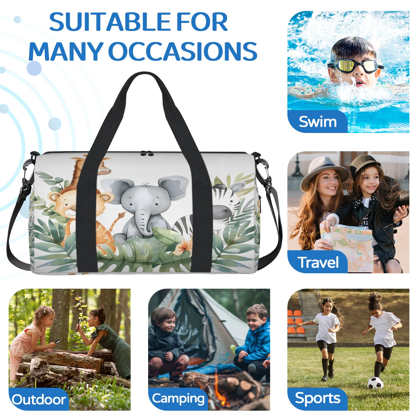 Herdesigns Woodland Jungle Funny Cute Animals Gym Bag for Women, Duffle Bag for Travel Sport, Lightweight Waterproof Carry on Weekender Overnight Dance Yoga Workout Bags