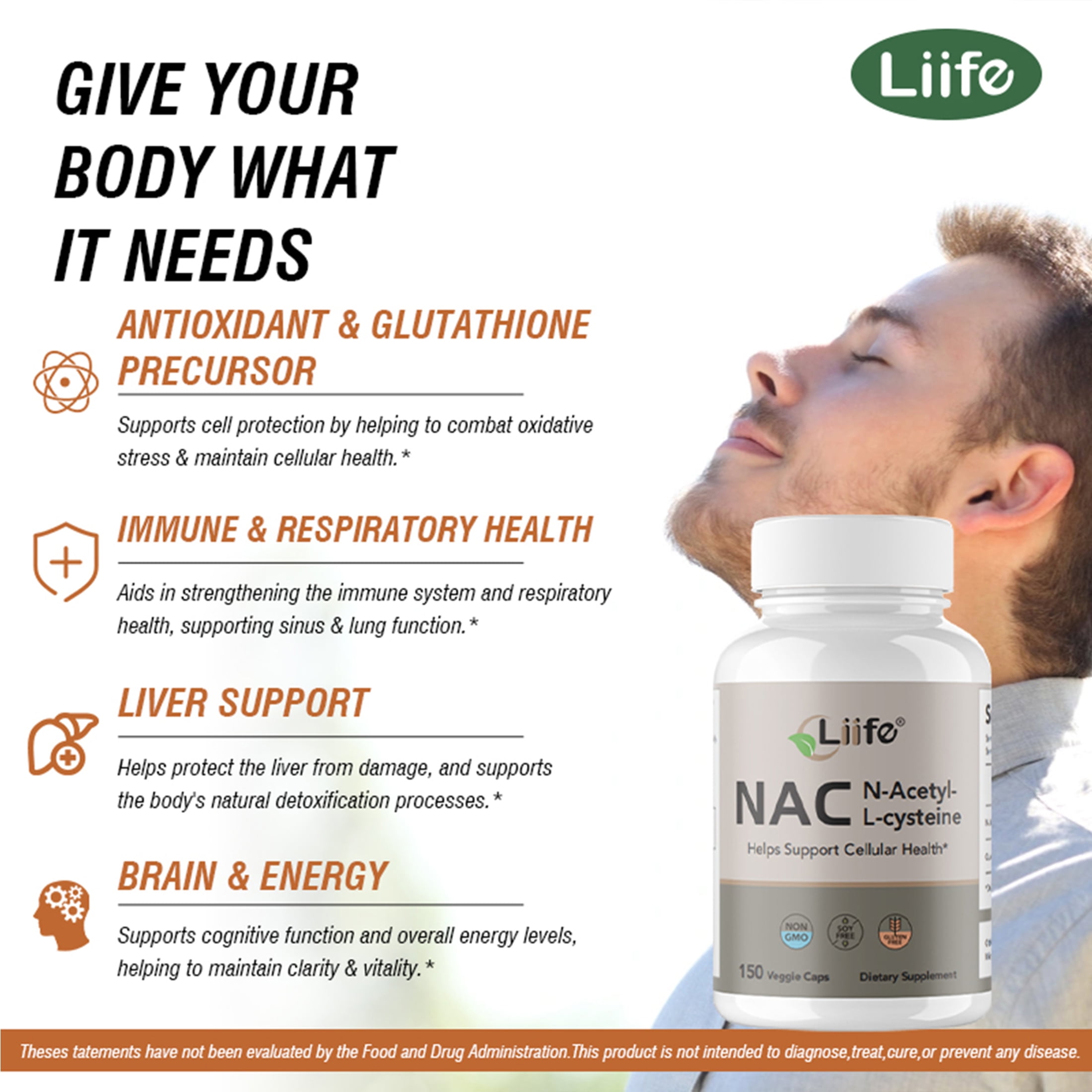 Liife NAC Capsules,with N-Acetyl-L-Cysteine and Quercetin Support Cellular, Liver and Respiratory Health, 150 Capsules, 2.5 Months Supply, Adult, Affordable Packaging