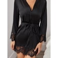 thumbnail image 3 of Eyelash Lace Trim Self Belted Satin Night Robe, 3 of 5