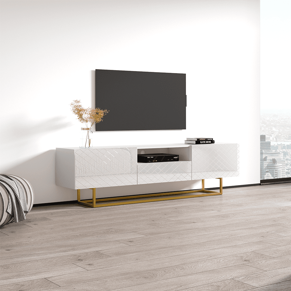Lattice 01 TV Stand for TVs up to 85", Mid-Century Modern High Gloss 75" Entertainment Center, TV Media Console with Storage Cabinets