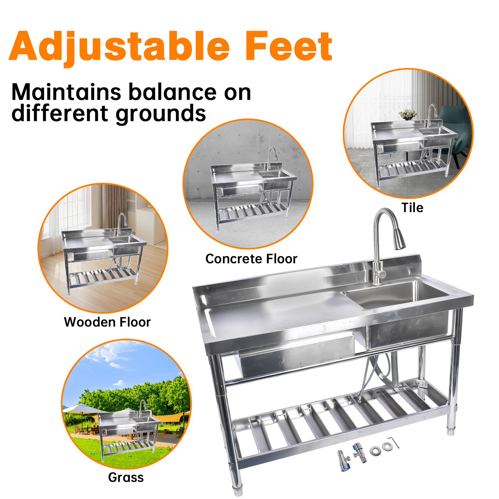 GELUOXI 39.3*19.6 in Stainless Steel Utility Sink, single bowl with right drainboard, pull-out faucet, hot/cold pipes, drawer, for indoor/outdoor use in kitchens, laundry rooms, or farmhouses