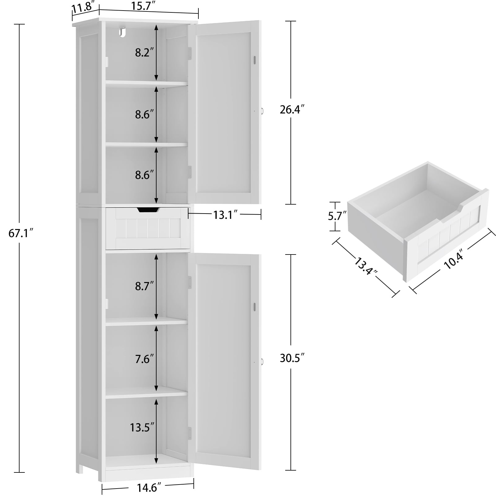 FANGSUM Tall Bathroom Cabinet, Storage Cabinet with 2 Doors & 1 Drawer, Narrow Floor Storage Cabinet with Adjustable Shelves for Bathroom, Living Room, Bedroom, White