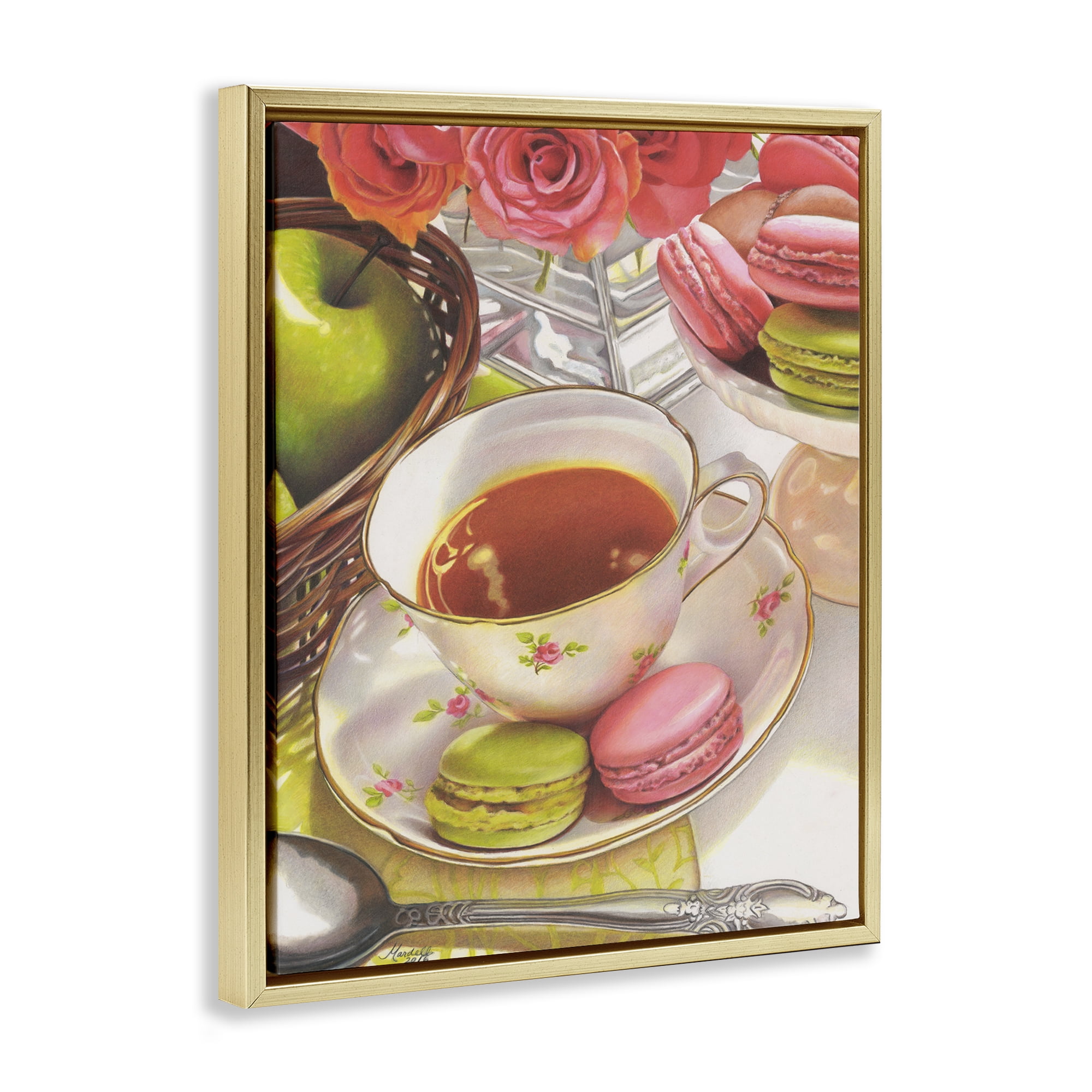 Stupell Industries Tea with Macarons Food & Beverage Painting Gold Floater Framed Art Print Wall Art, 17 x 21