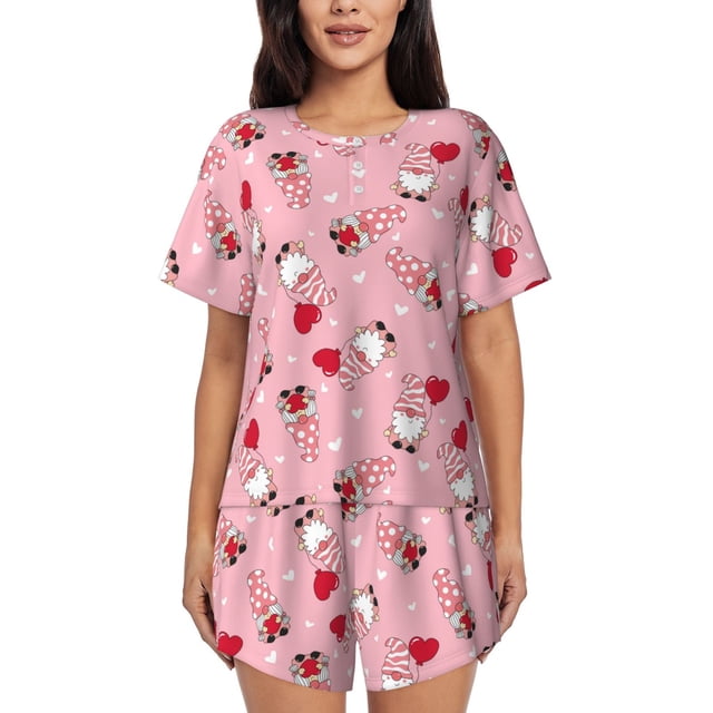 Fotbe Gnome With Heart Conjunto de Pijama Estampado para Mujer, 2 Piezas, Ropa de Dormir con Camiseta de Manga Corta y Shorts Suaves-4X-Large