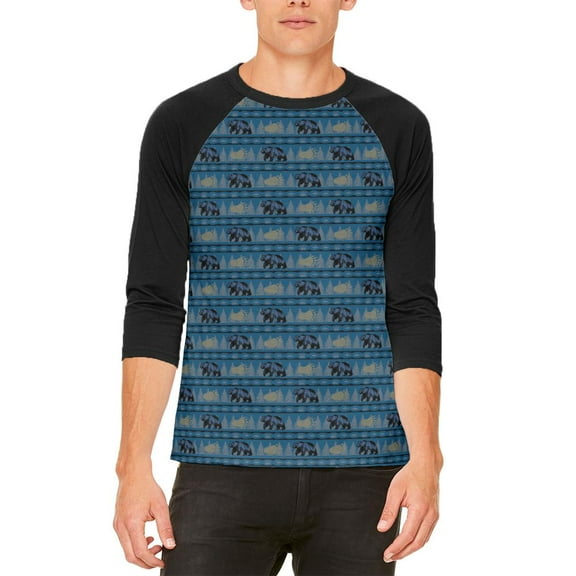 Grizzly Bear Adirondack Pattern Blue Mens Raglan T Shirt White-Black X-LG