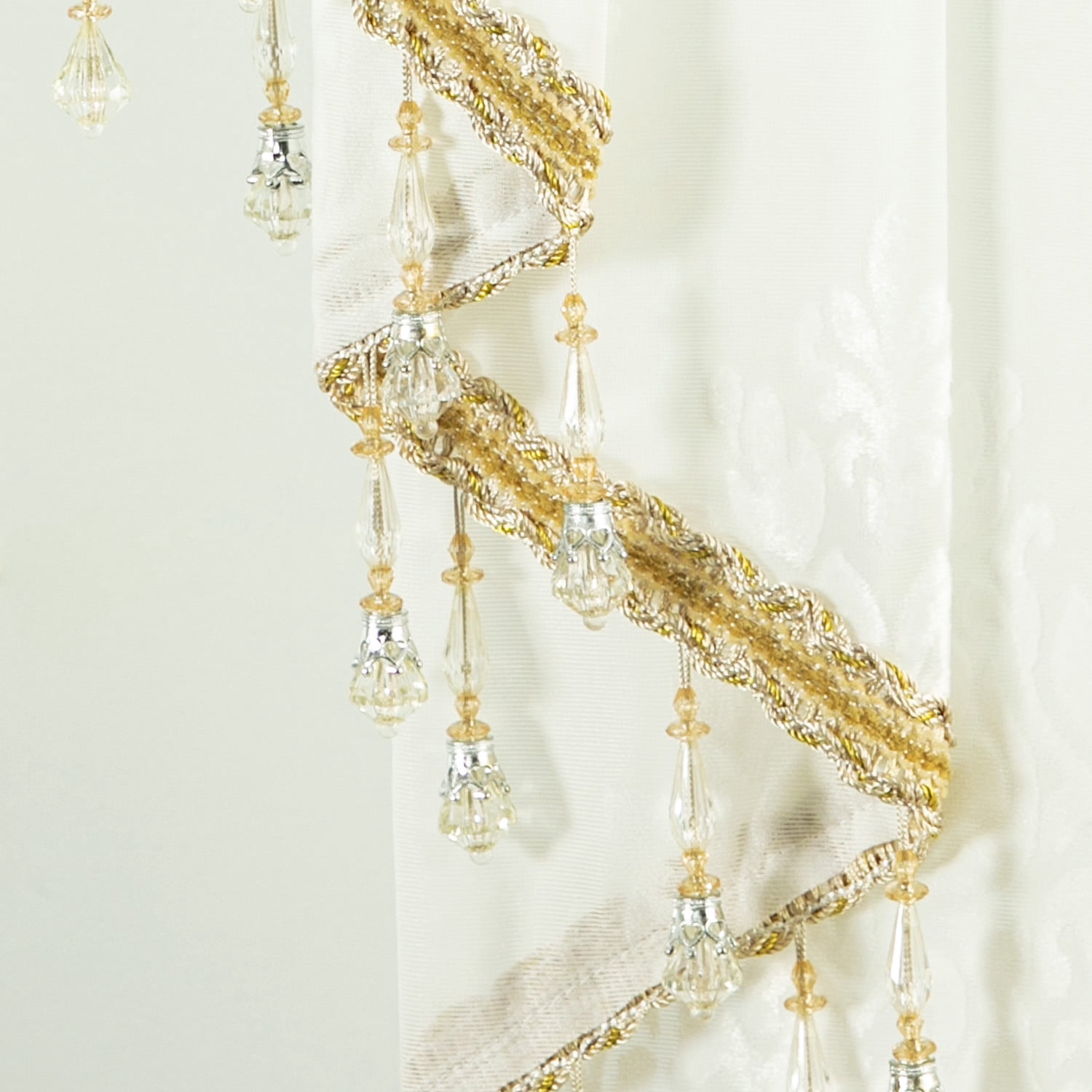 VOGOL Farmhouse Waterfall Valance - Vintage Damask Jacquard Voile with Beaded Tassels, Semi-Sheer Rod Pocket Window Topper for Bedroom Living Room, 39x43 Inch, White
