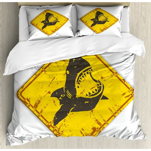 Shark Duvet Cover Set, Caution Shark Sign Sharp Teeth Animal Ocean Danger Do Not Swim Illustration, Decorative 3 Piece Bedding Set with 2 Pillow Shams, Calking Size, Earth Yellow Grey, by Ambesonne