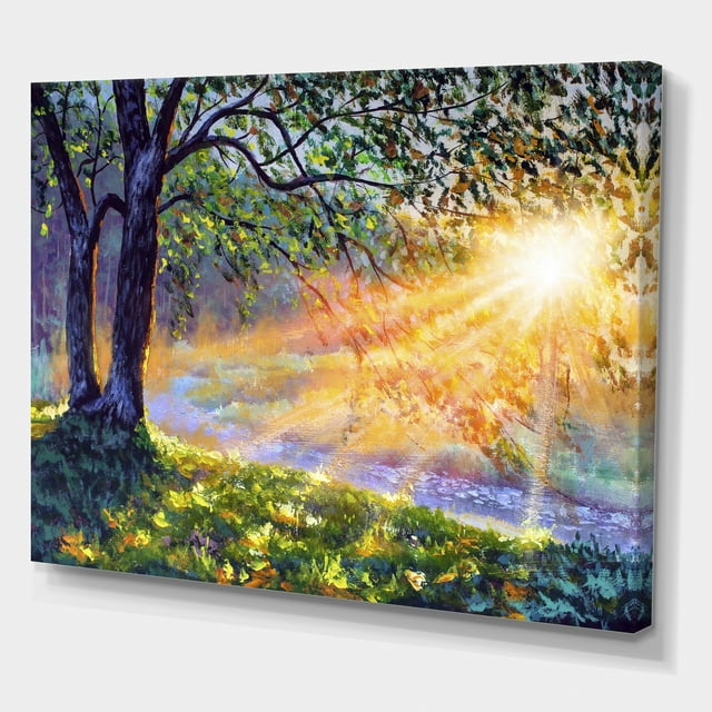 Designart - Lumière de l'Aube au Bord de la Rivière - Impression sur Toile de Ferme