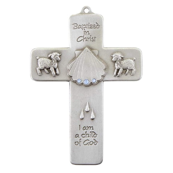 Creative Brands JC-3207-E Baptized in Christ Cross, 5-inch Height, Pewter and Crystal, Blue