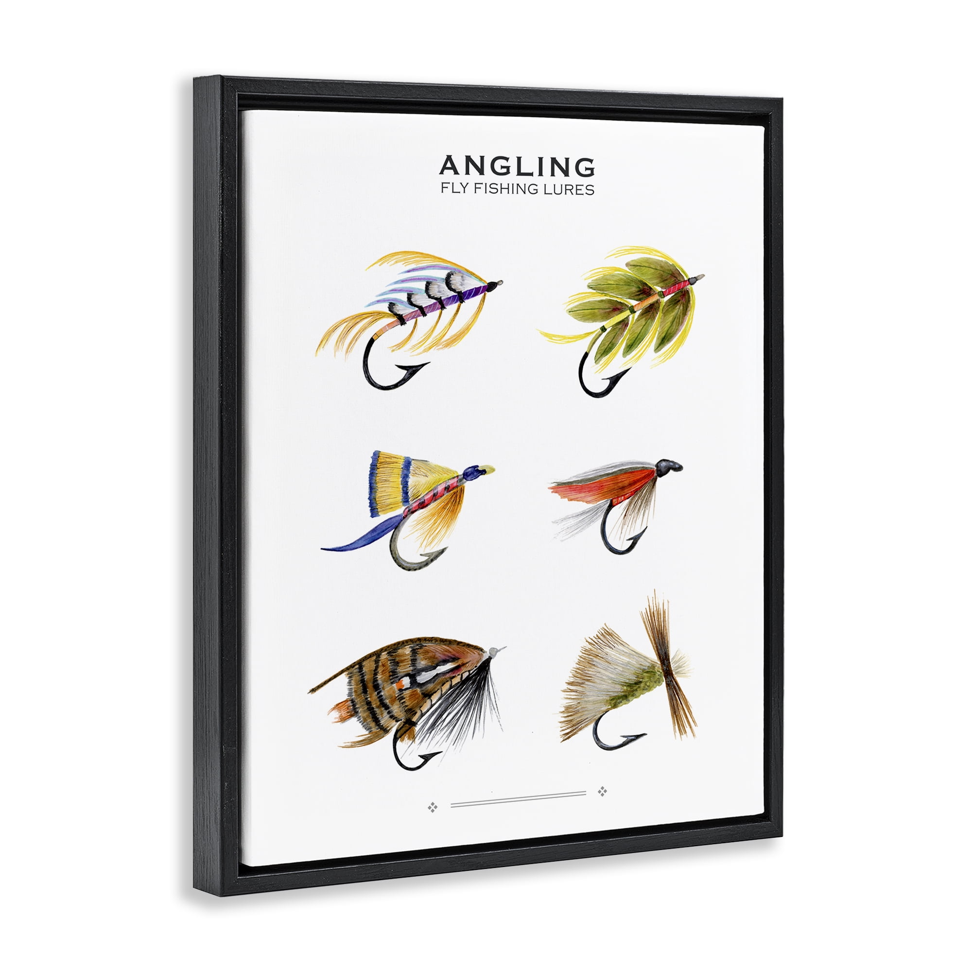 Stupell Industries Angling Fly Fishing Lures Sports Painting Black Floater Framed Canvas Art Print Wall Art, 17 x 21
