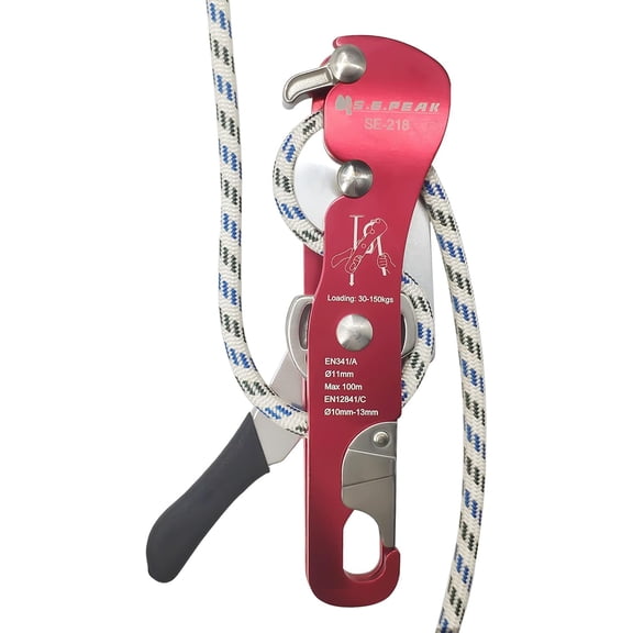 CE Certified Climbing Double Stop Descender Self-Braking Self Locking Rappelling Belay Devices for 10-12.5mm Rope for Rescue & Arborist, Hand Cool