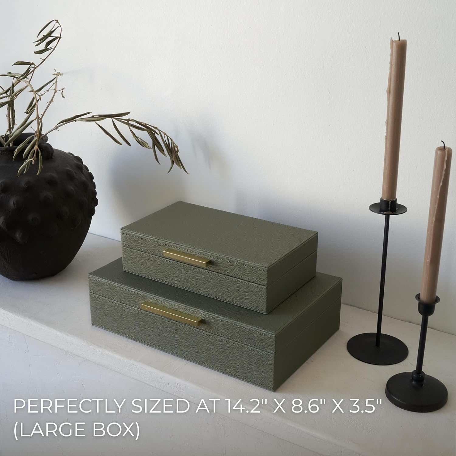 Decorative Storage Boxes with Lids – Set of 2 Beautiful PU Leather Organizer Bins for Your Bookshelf Home Decor - Safely Store Photos, Documents and Memory Box Keepsakes in Style