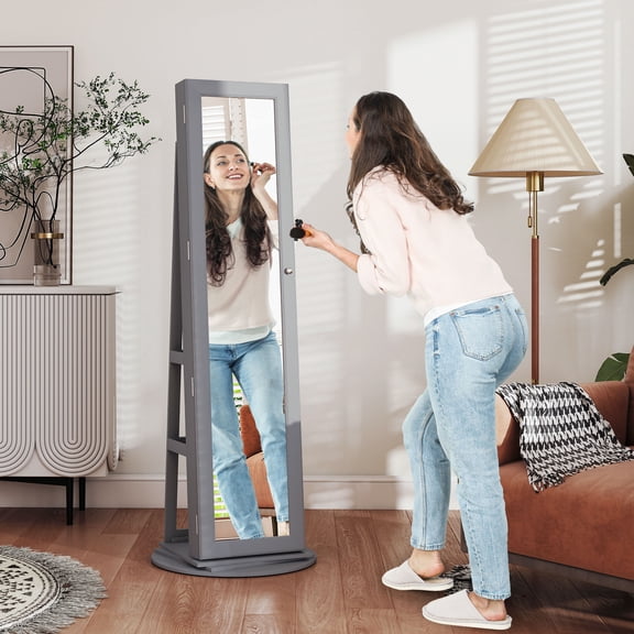 HOMCOM Jewelry Cabinet, 360° Swivel Jewelry Armoire with Mirror, Gray