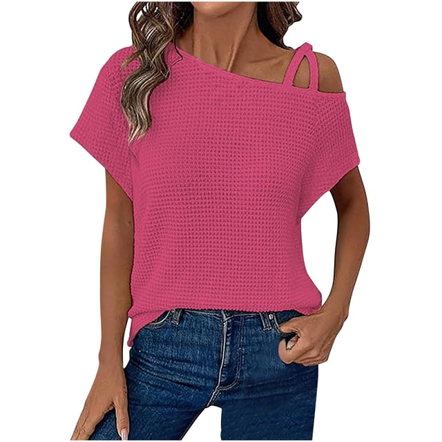cfhntfmh Womens Summer Tops Cold Shoulder Knit Short Sleeve T-Shirts Casual Lightweight Solid Color Blouses