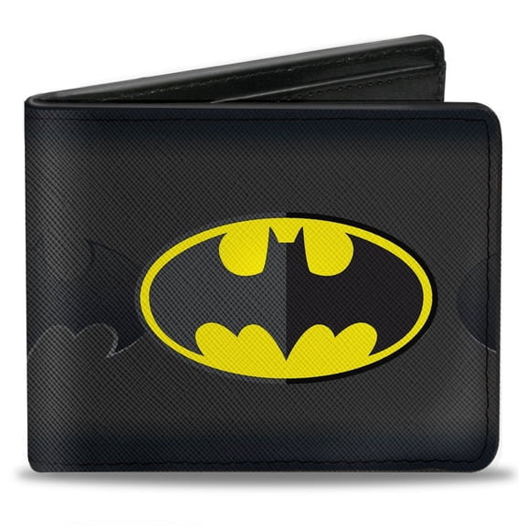 DC Comics Wallet, Bifold, Batman Icon Centered Bat Signal Stripe Black Yellow Grays, Vegan Leather