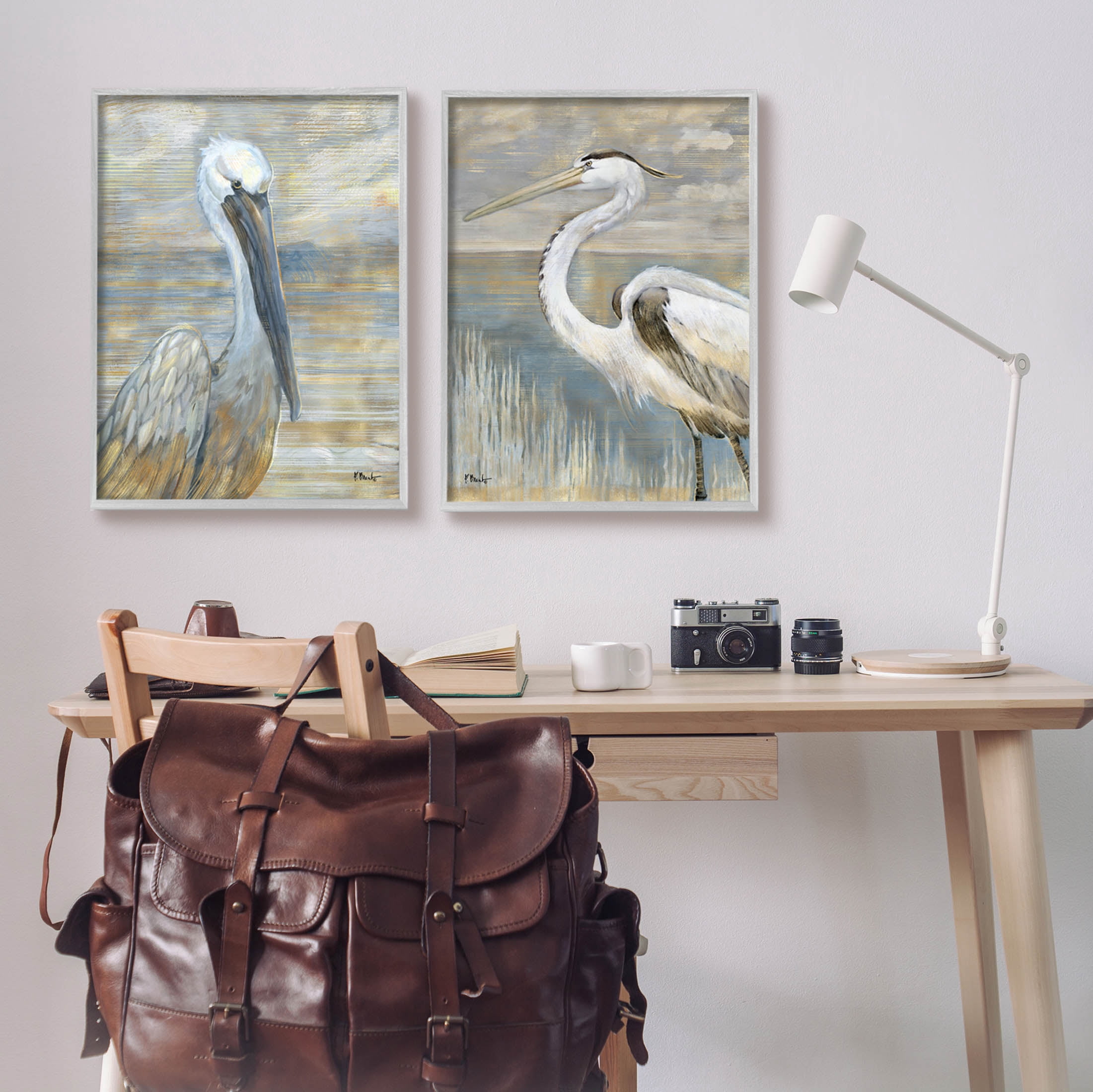 Stupell Industries Sea Birds Abstract Beach Painting Gray Framed Art Print Wall Art, Set of 2, Design by Paul Brent