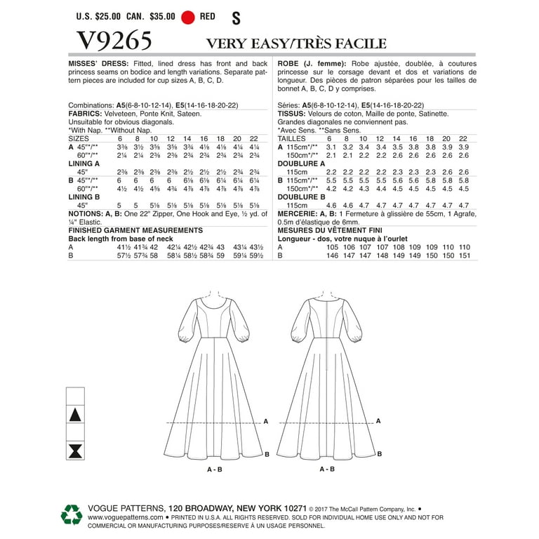 Vogue Patterns Misses' Princess-Seam Flare Dresses With Poof Sleeves  14-16-18-20-22 Red : : Home