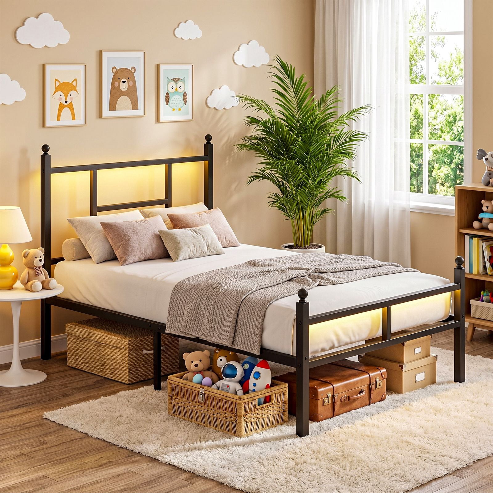 Twin Bed Frame with RGB LED Lights and Charging Station, Metal Platform Bed with Headboard and Footboard, 2 Outlets and 2 USB Ports, No Box Spring Needed, 500 lbs Capacity