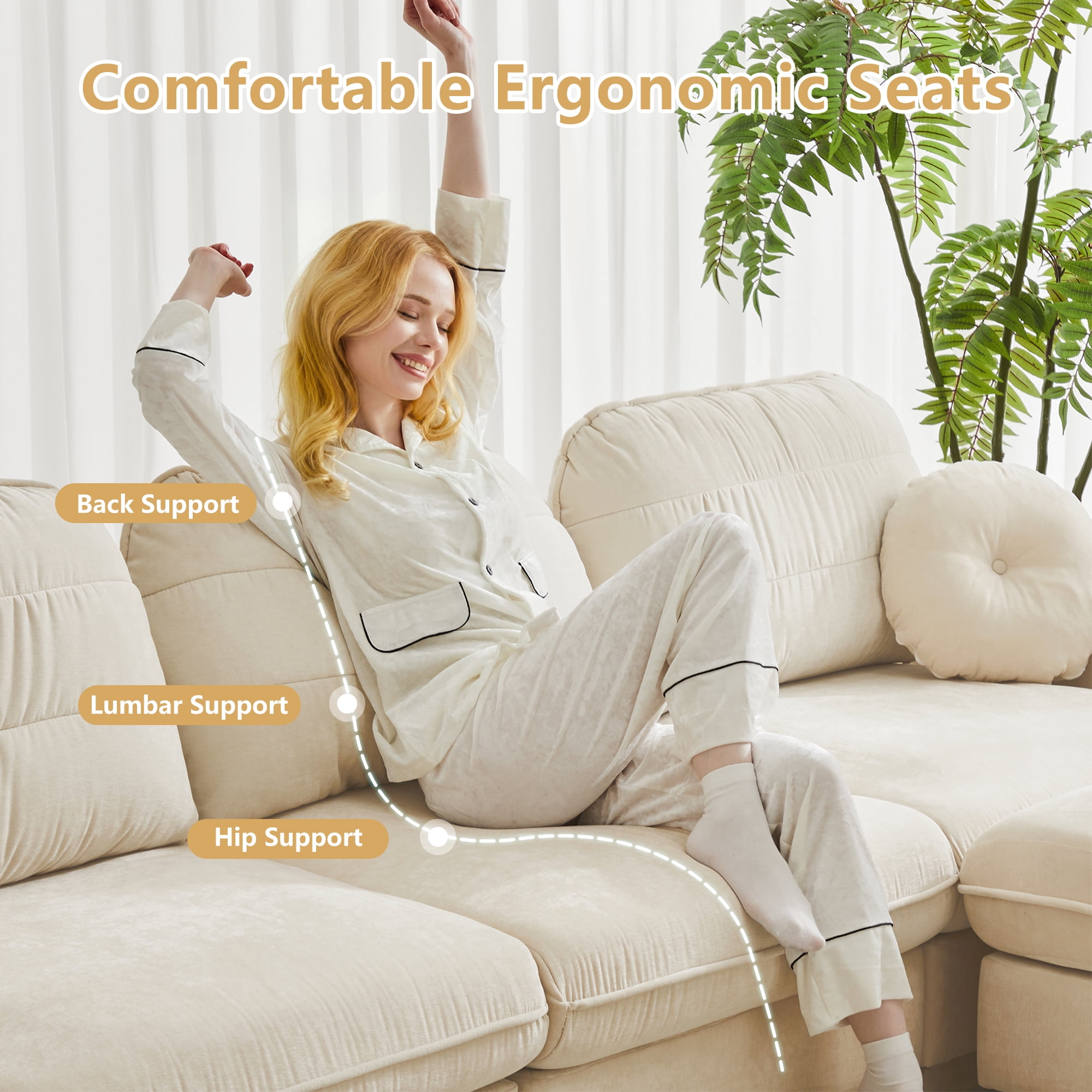 Mintazer 105" Chenille Cloud 3-Seater Modular Sectional Sofa with 2 Movable Ottoman & Round Pillows, U-Shaped Ergonomic Sofa Couch for Living Room, Apartment, Cream