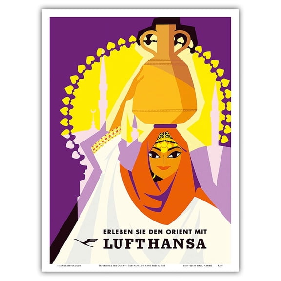 Experience the Orient (Erleben Sie Den Orient Mit) - Lufthansa German Airlines - Vintage Airline Travel Poster by Hans Rott c.1958 - Master Art Print (Unframed) 9in x 12in