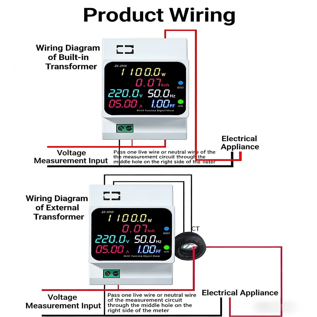 DIN Rails Energy Meter Monitors Multimeter 40-300/250-450V 100A Voltages Current Voltmeter Ammeter Watt