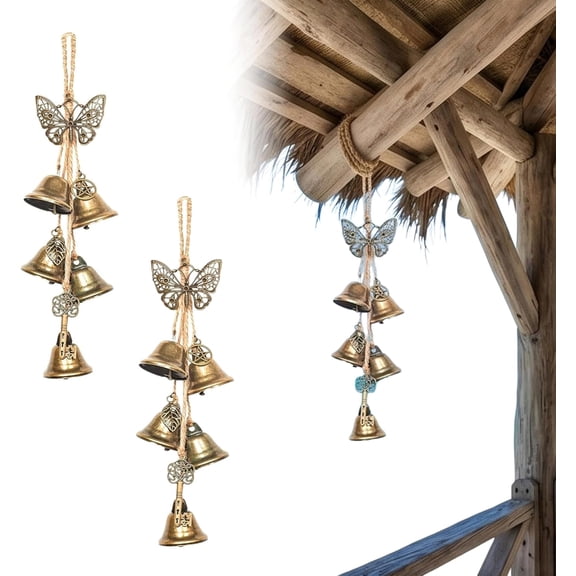 Brass Witch Bells for Protection, Vintage Bohemian Wind Chime with Butterfly Charms, Witchy Wicca Decor for Front Door, Window & Entryway(2 PCS)