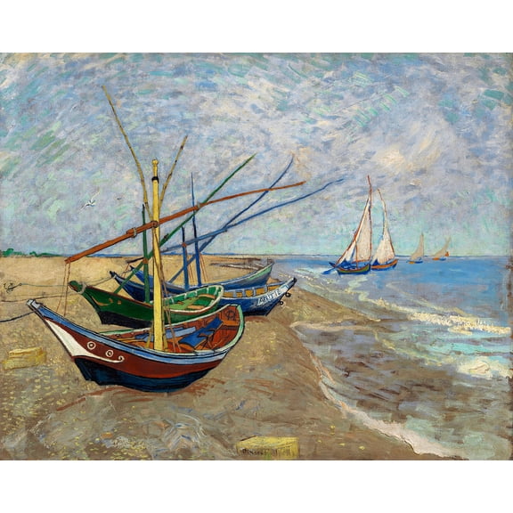 Fishing Boats on the Beach at Saintes-Maries by Vincent van Gogh - 12" x 18" Art Print Wall Decor