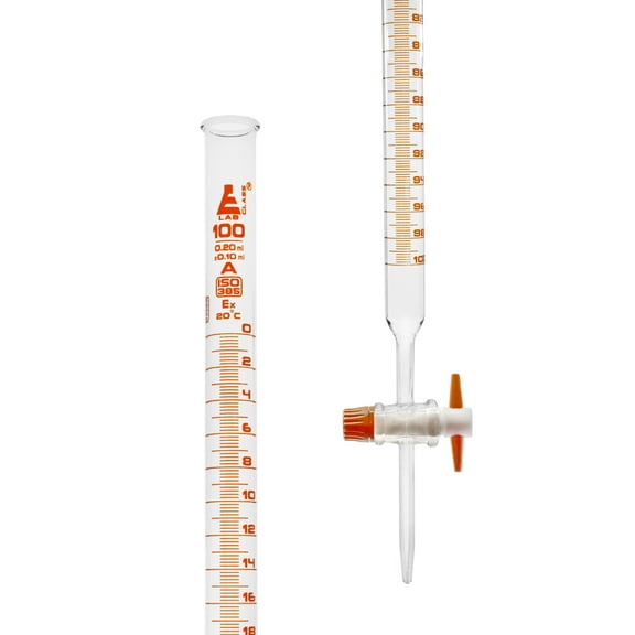 Lab Burette, 100mL - Class A - 0.2mL Amber Graduations - PTFE Stopcock - Borosilicate Glass Buret - Eisco Labs