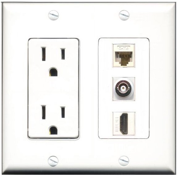 RiteAV - 15 Amp Power Outlet 1 Port HDMI 1 Port BNC 1 Port Cat6 Ethernet Ethernet White Decorative Wall Plate