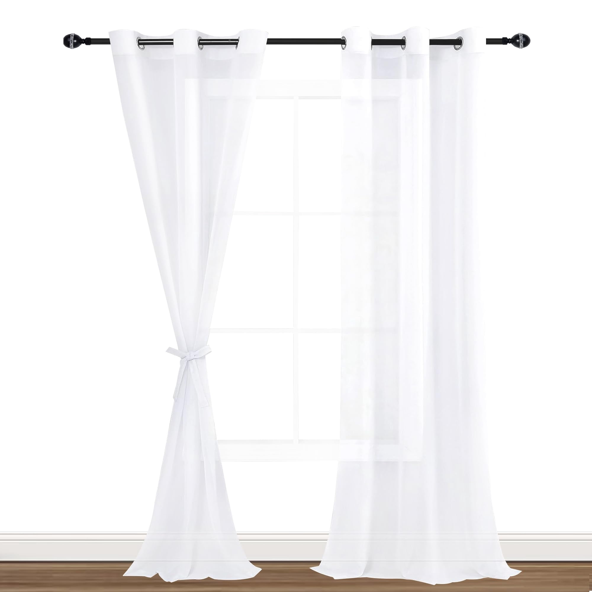 Hiasan White Sheer Curtains with Tiebacks-Light Filtering Contemporary Window Drapes for Living Room, Bedroom, Grommet, 42" x 96", Set of 2