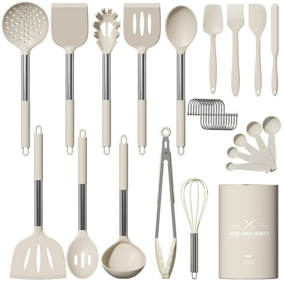 GPED Silicone Cooking Utensil Set, 30 Pcs Kitchen Utensils Set with Stainless Steel Handle, Food Grade Silicone Spatula Set, BPA-Free, Non-stick Heat Resistant Silicone Cookware, Khaki