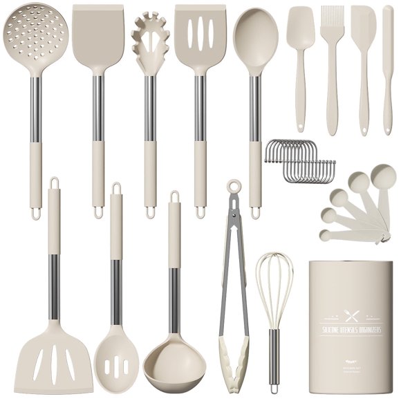 GPED Juego de Utensilios de Cocina de Silicona, Juego de 30 Pzas de Utensilios de Cocina con Mango de Acero Inoxidable, Juego de Espátulas de Silicona de Grado Alimenticio, Libre de BPA, Utensilios d