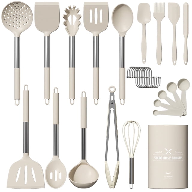 GPED Juego de Utensilios de Cocina de Silicona, Juego de 30 Pzas de Utensilios de Cocina con Mango de Acero Inoxidable, Juego de Espátulas de Silicona de Grado Alimenticio, Libre de BPA, Utensilios d