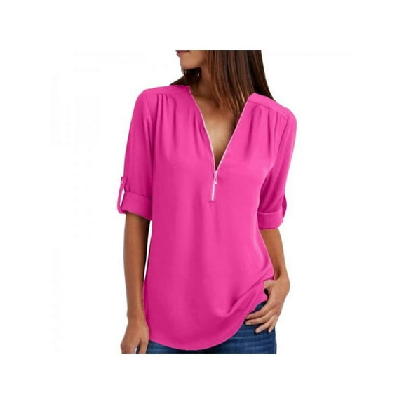 Finex Plus Size Women Zipper V Neck Loose Chiffon Long Sleeve Blouse Tops