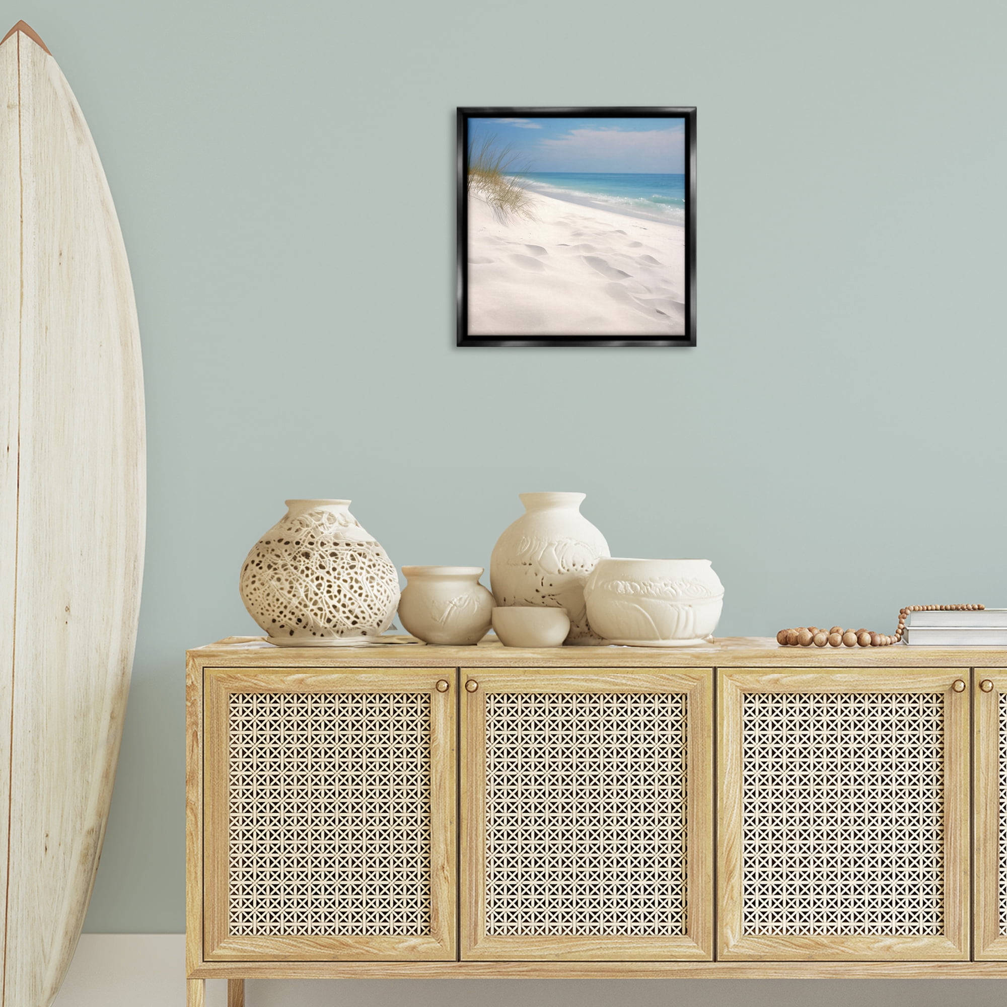 Stupell Industries Seabreeze Sandy Footprints Landscape Photography Black Floater Framed Canvas Art Print Wall Art, 18 x 18