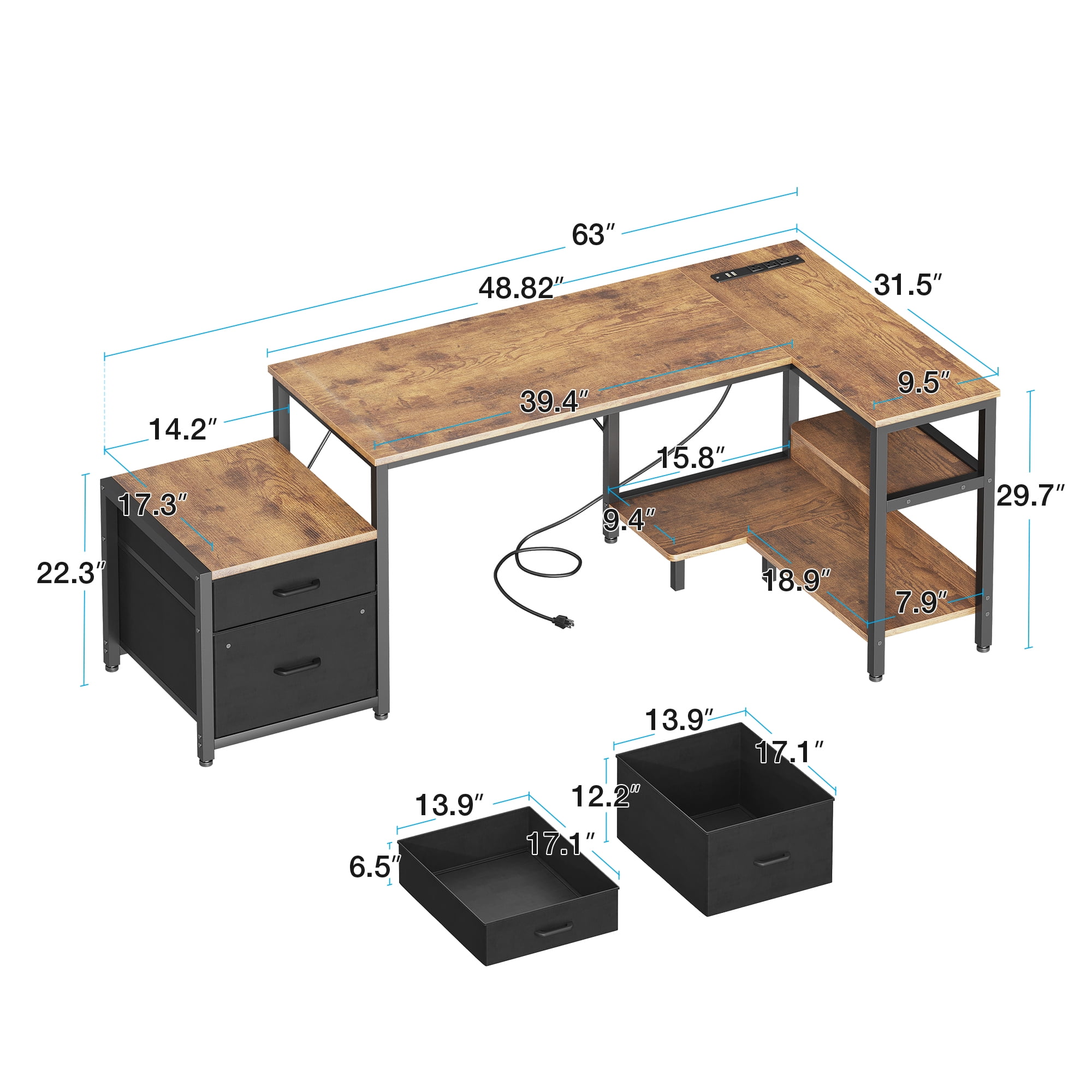 Casacomoda 63 Inch L Shaped Desk with Power Outlets, Large Computer Desk with File Drawer, Home Office Desk with Printer Stand & Storage Shelves, Corner Desk, Vintage